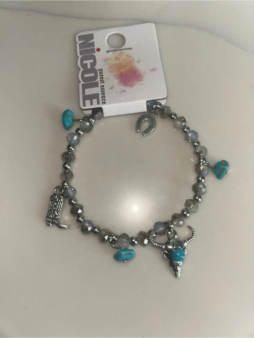 Nicole Silver-Tone Beaded Charm Bracelet with Turquoise Accents